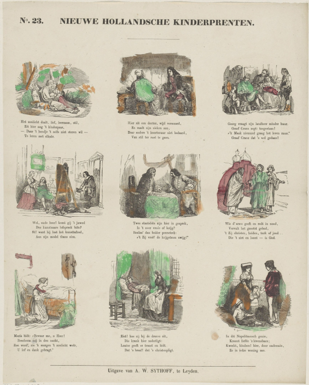 Ein altes Buchblatt mit einer Zeichnung einer vielfältigen Gruppe von Menschen verschiedenen Alters und Geschlechts, begleitet von Text und anderen Bildern.