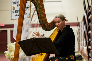 Eine Frau sitzt vor einem Buch und spielt Harfe, mit einer Tafel oben links, Türen und einem Ausgangsschild im Hintergrund, einer Vase mit Blumen neben einem Vorhang unten und einer Wand rechts.