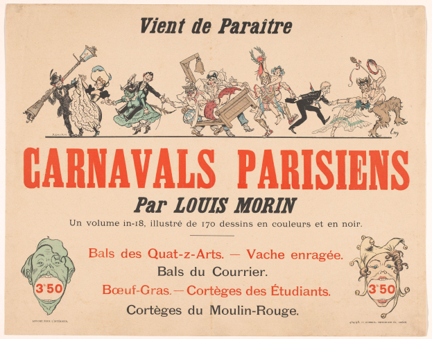 Ein Heft mit dem Titel "Carnivals Parisiens par Louis Morin" mit leuchtenden, detailreichen Entwürfen von Menschen in bunten Kostümen und Masken in einer lebhaften KarnevalsSzene, mit fetter Schrift, die den Titel betont.