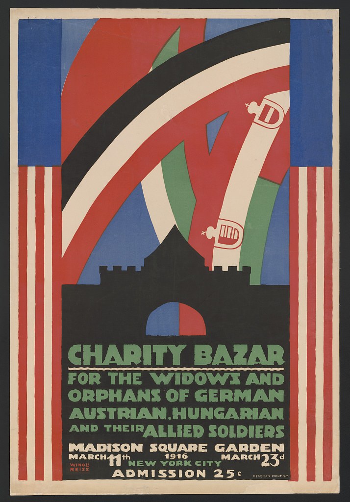 Charity Basar Plakat für die Witwen und Waisen deutscher, australischer, ungarischer und alliierter Soldaten mit Veranstaltungseinzelheiten im Text.