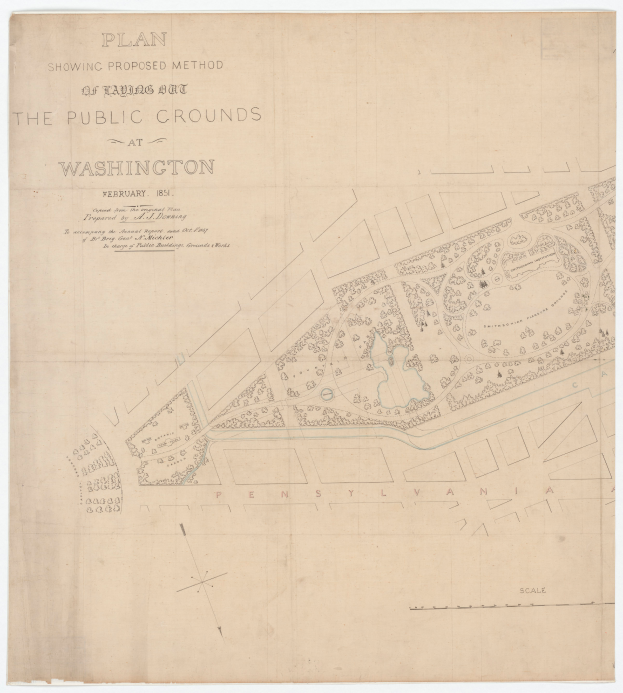 Ein detaillierter Plan der öffentlichen Flächen in Washington, der verschiedene Bereiche und Wege zeigt, mit darauf geschriebenem Text.
