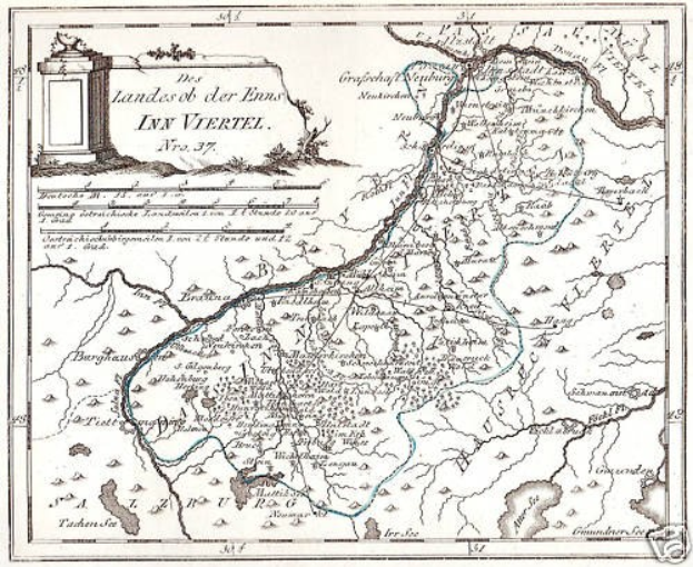 Detailierte Kartendarstellung des Rheins in Deutschland mit beschrifteten Landmarken und geografischen Merkmalen sowie begleitendem Text und Abbildung einer Säule.