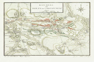 Eine detaillierte Karte der Schlacht von Köln auf Chotzenitz, mit einem Kompass und Text in der Mitte, die verschiedene Schlachten zeigt und zusätzliche Informationen bereitstellt.