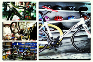 Ein Collage-Bild mit verschiedenen Fahrrädern und Helmen.