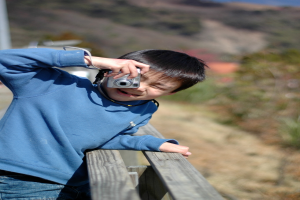Ein Mann in einem blauen Hemd und Jeans hält eine Kamera und steht vor Bäumen und einem klaren Himmel.