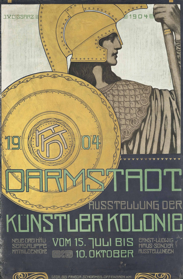 Plakat für ein 1904er Konzert in Berlin mit einem Helmträger, der ein Schild hält, und der Schrift «Darmstadt» und «Künstler Kolonie»