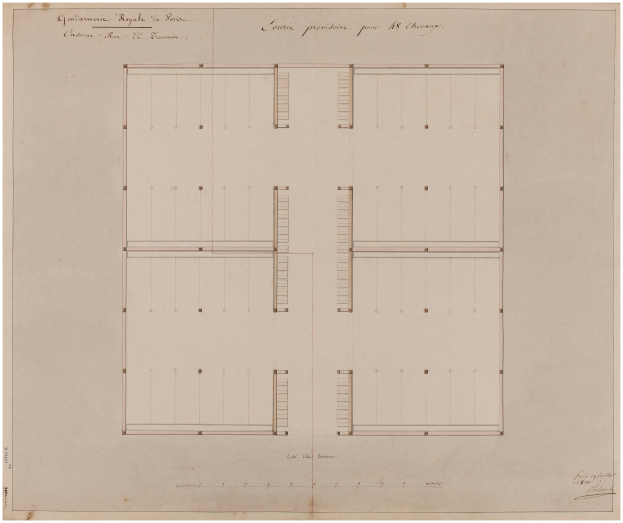 Ein detaillierter Grundrissplan aus dem 18. Jahrhundert mit zahlreichen Fenstern und begleitendem Text.
