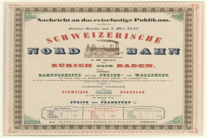Plakat mit einem Zug in der Mitte auf einem hellgelben Hintergrund mit schwarzem und weißem Karomuster, Text "Schweizerische Nordbahn in Baden, Deutschland" in fetter schwarzer Schrift mit einem dekorativen Rahmen.