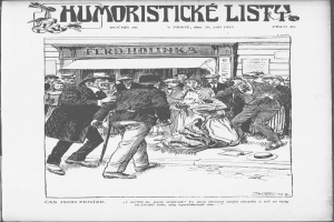 Ein Schwarz-Weiß-Cartoon eines Mannes im Anzug und Schlips, der vor einer Menge mit einem Gebäude im Hintergrund steht, mit dem Text "Humoristische Liste" oben und unten.