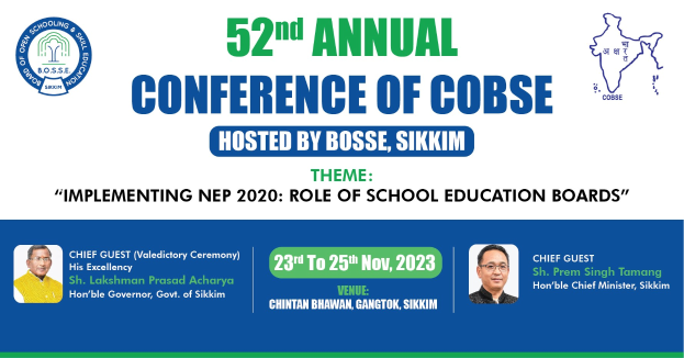 Anzeige für die 52. Jahrestagung von COBSE, veranstaltet von Bosse Sikkim, mit zwei Personen und Veranstaltungseinzelheiten.