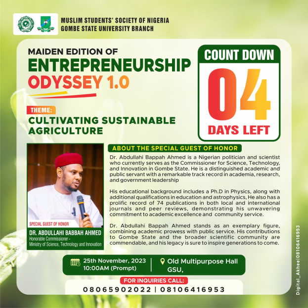 Ein Plakat mit einer Person in einem weißen Hemd, die ein Mikrofon hält, mit der Aufschrift "Erste Auflage der Entrepreneurship Odyssey 1.0: Kultivierung nachhaltiger Landwirtschaft" in fetter schwarzer Schrift.