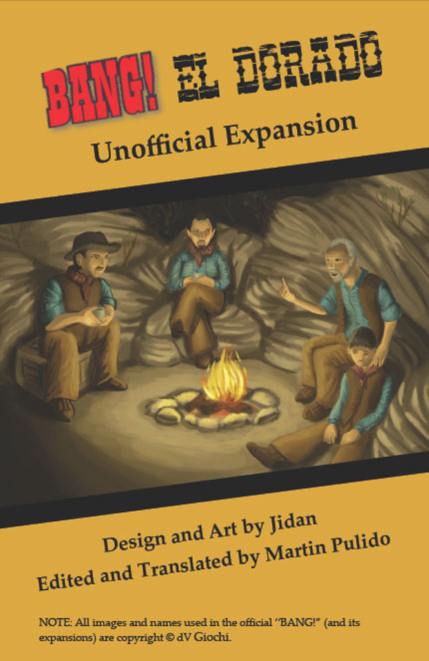 Ein Plakat, das eine Gruppe von Menschen um ein Lagerfeuer zeigt, die besorgt wirken, mit der Aufschrift "Bang El Dorado Unofficial Expansion" oben.