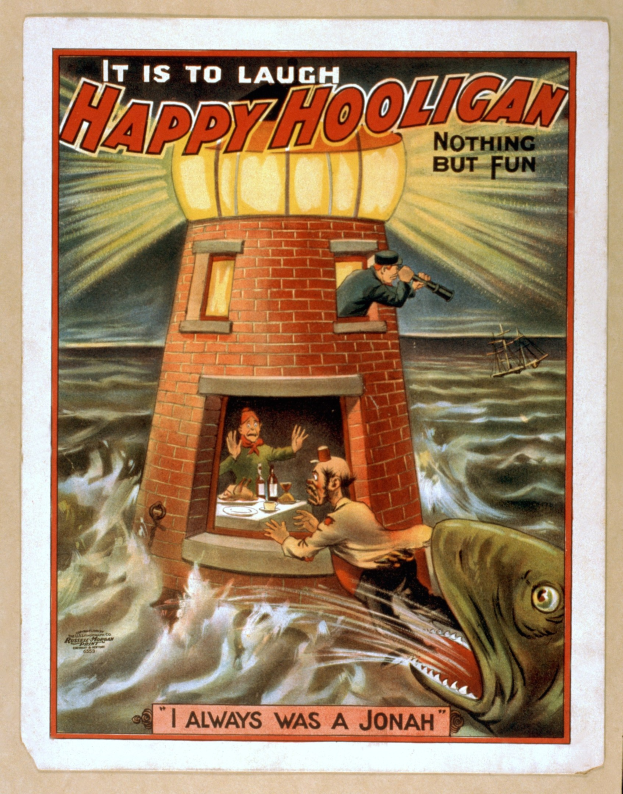 Plakat mit einem Leuchtturm, umgeben von Menschen, einem Fisch und Wasser, mit dem Text "Es ist zum Lachen, fröhlicher Rowdy, nichts als Spaß" oben und unten.