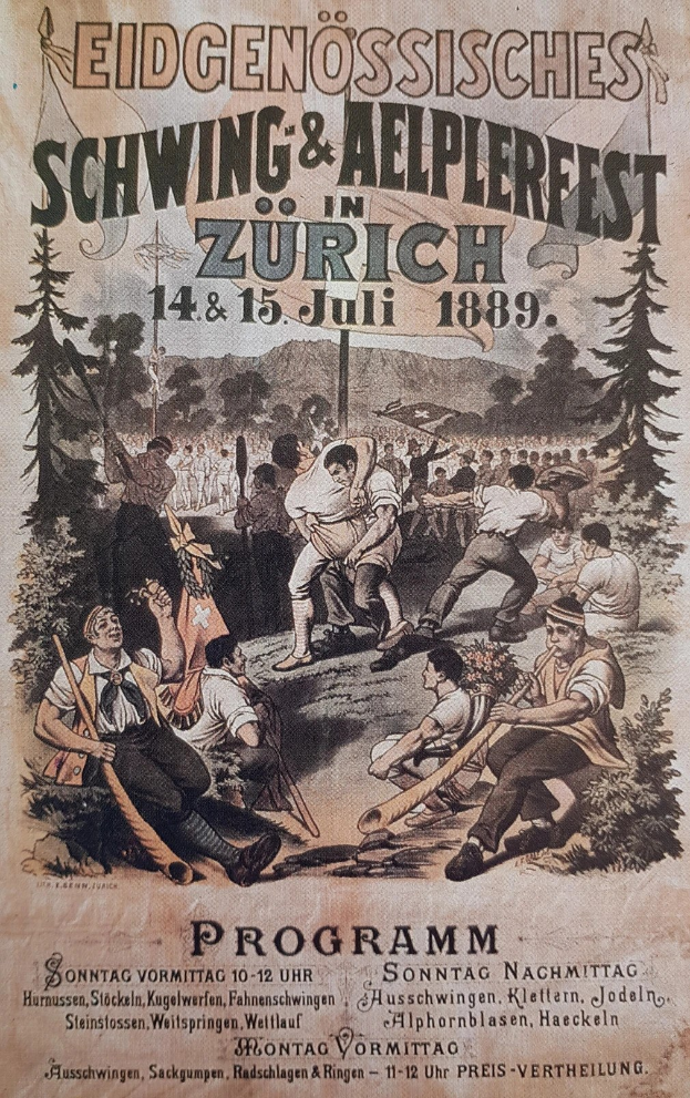 Alte Plakatwerbung für ein Festival in Zürich, Schweiz, mit einer Gruppe von Menschen mit Stöcken und Bäumen im Hintergrund sowie begleitendem Text.