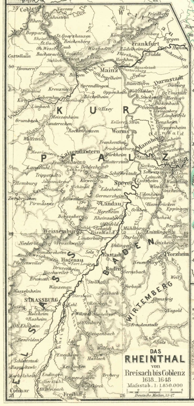 Detailierte alte Karte des Rheins in Deutschland mit Text oben und unten, die Flüsse, Städte und geografische Merkmale zeigt.