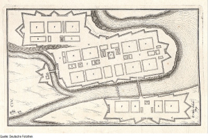 Ein detaillierter Stadtplan von Köln, Deutschland, mit einer gewundenen Flusslauf, Gebäuden und Straßen.