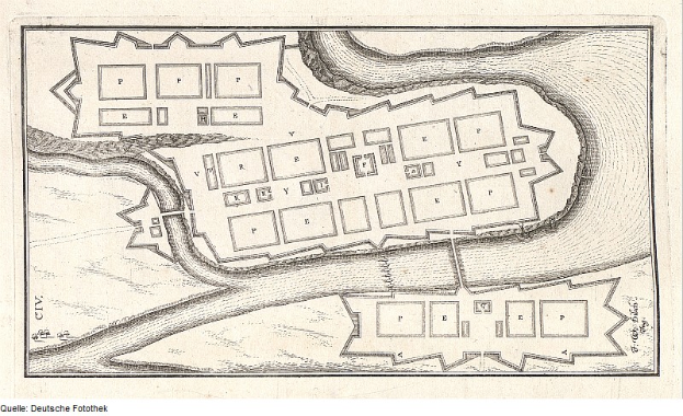 Ein detaillierter Stadtplan von Köln, Deutschland, mit einer gewundenen Flusslauf, Gebäuden und Straßen.