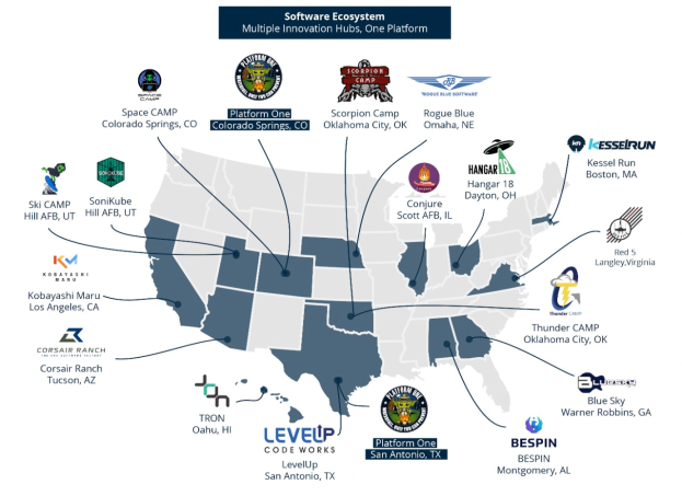 Eine Karte der Vereinigten Staaten, auf der Unternehmenslogos und Texte die Standorte des Software-├Âkosystems angeben.