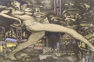 Eine Frau tanzt anmutig mit ausgestreckten Armen und Beinen vor einer bewundernden Menge, während im Hintergrund Text und andere Objekte zu sehen sind.