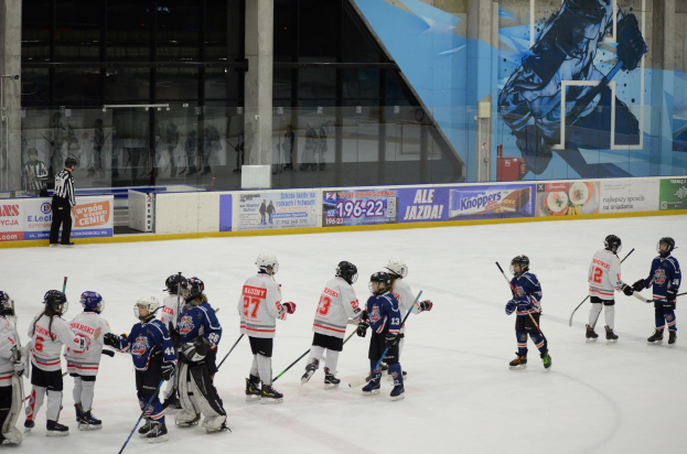 Gruppe junger Menschen, die Eis hockey auf einer Indoor-Eisbahn spielen, mit Helmen und Stöcken, einer Person links daneben und Bannern, Säulen und Glaswänden im Hintergrund.