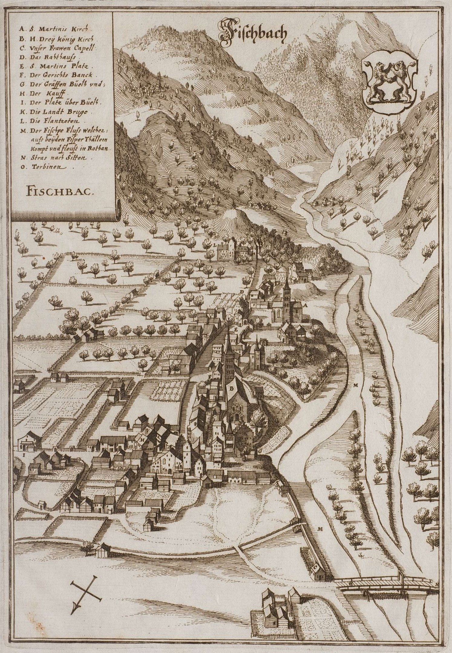 Alte Karte von Fischbach, Deutschland, zeigt Häuser, Bäume, Hügel, einen gewundenen Fluss, Text und ein Logo auf altem Papier.