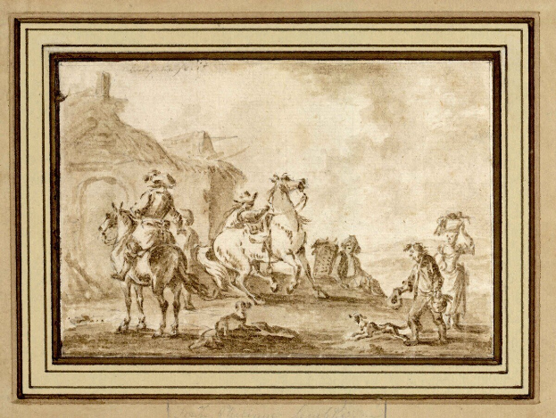 Eine Gruppe von Menschen in traditioneller Kleidung reitet auf galoppierenden Pferden über ein Feld, eingerahmt von einem kunstvoll verzierten Rahmen.