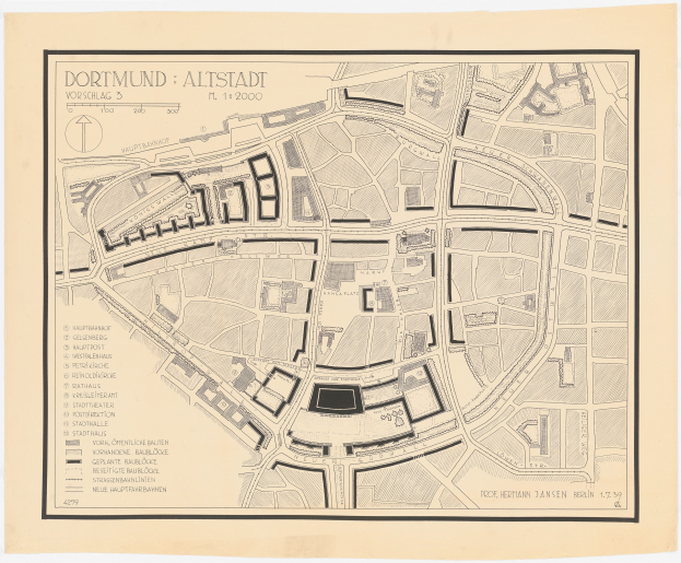 Detailierte alte Karte von Dortmund, Deutschland, die Straßen, Gebäude und Sehenswürdigkeiten mit weißem Hintergrund zeigt.