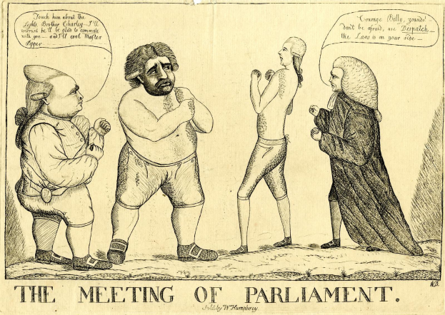 Eine Bleistiftskizze von drei Menschen, die stehen und diskutieren, mit der ├ťberschrift "Die Parlamentssitzung" unten.