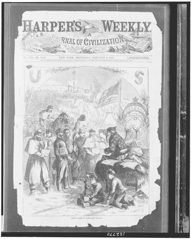 Schwarzes und weißes Bild von Menschen, die sich um eine Zeitung mit der Überschrift 'Harper's Weekly Journal of Civilization' versammelt haben