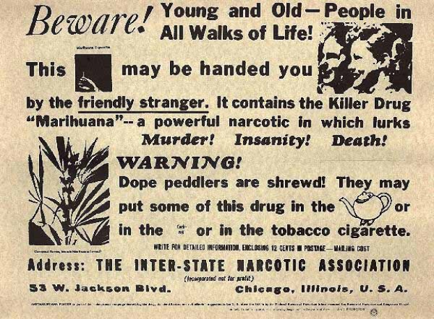 Schwarze und Weiße Zeitungsanzeige für die Inter-State Narcotic Association mit einem Bild eines Mannes und einer Frau und der Warnungstext "Vorsicht, jung und alt in allen Lebensbereichen".