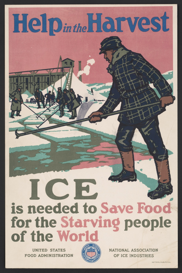 Plakat mit einer Person in einem weißen Hemd und blauen Jeans, die in einem verschneiten Feld mit entschlossener Miene steht, umgeben von fettem schwarzem Text, der "Hilfe bei der Ernte - Eis wird benötigt, um Lebensmittel für die hungernden Menschen der Welt zu retten" gegen einen hellblauen Himmel liest.