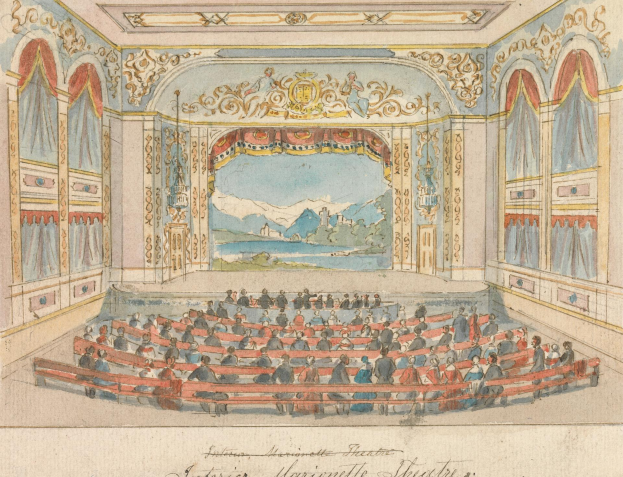 Eine Zeichnung eines Theaters mit einem Publikum im Auditorium, Wände mit detaillierten Designs, eine beleuchtete Decke und dekorativer Text unten.