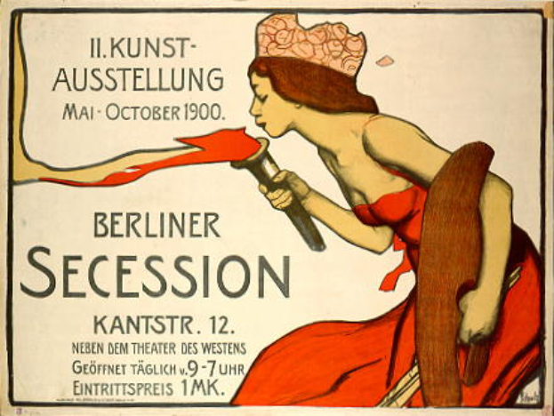 Ein Plakat, das eine Berliner Secession im Jahr 1900 ankündigt und eine Frau in einem roten Kleid zeigt, die ein Objekt hält, mit Text, der Informationen zum Ereignis enthält.