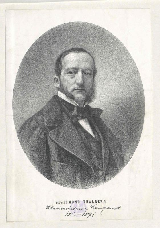 Eine Schwarz-Weiß-Zeichnung eines Mannes im Anzug und mit Fliege, identifiziert als Sigismond Thalberg, mit Text unten im Bild.