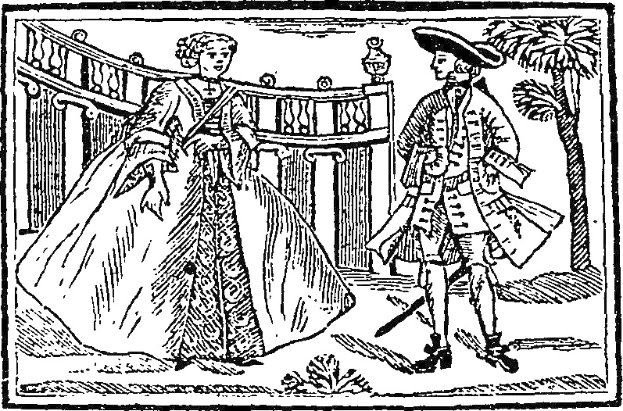 Schwarze und Weiße Illustration eines Mannes und einer Frau, die nebeneinander stehen, mit einem Baum und einem Geländer im Hintergrund, beschriftet mit "18. Jahrhundert Heiratsclipart" unten.