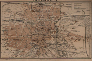 Ein detaillierter historischer Stadtplan von Weimar, Deutschland, der Straßen, Gebäude und Sehenswürdigkeiten zeigt.