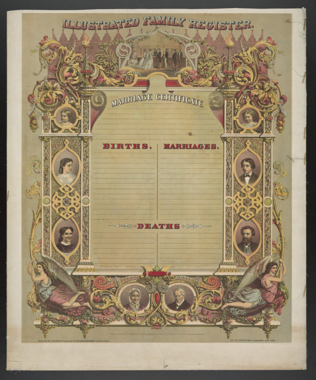 Veranschaulichtes Familienstammbuch-Hochzeitsurkunde mit schwarzem Hintergrund, das Bilder von Menschen und den Text "Geburten, Hochzeiten, Tode" zeigt.