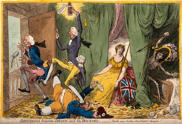Cartoon depicting a distressed man in a blue suit lying on the floor and a woman in a yellow dress sitting on a chair holding an object, with text 'Britishia between Death and the Doctors' at the bottom.