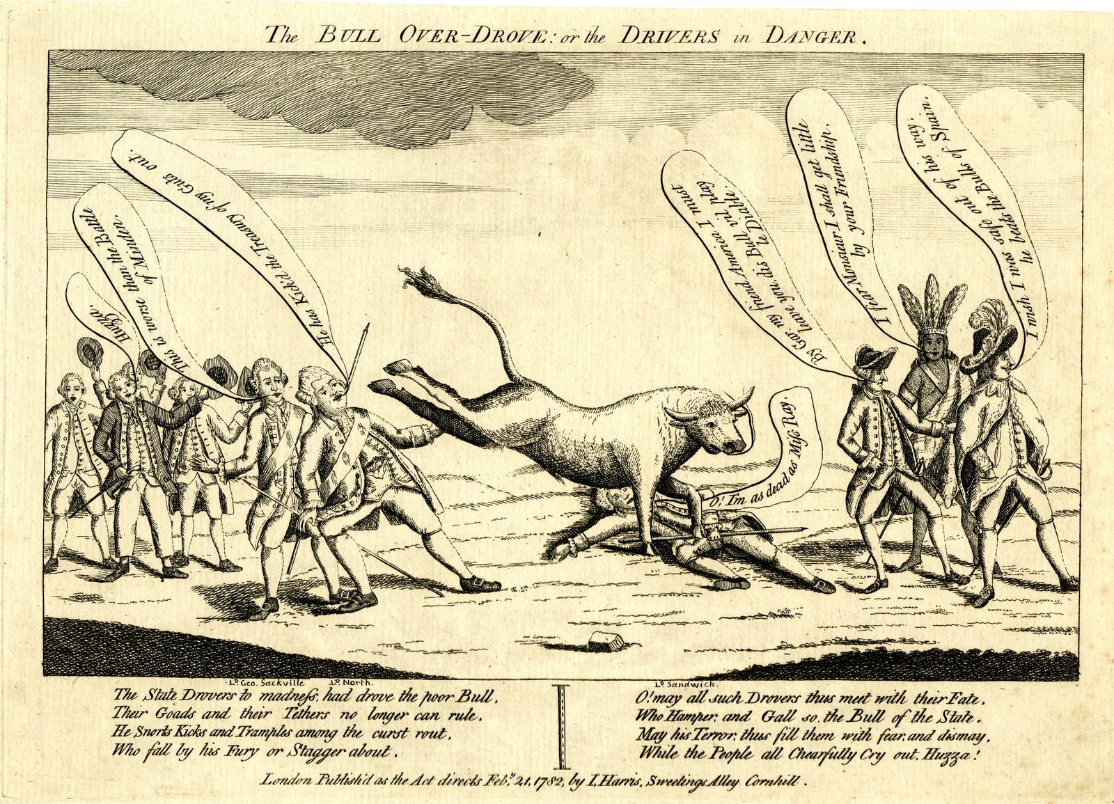 Ein Blatt mit einer Zeichnung eines Bullen, der Fahrer überrennt oder in Gefahr bringt, umgeben von einer Gruppe von Menschen und mit beschreibendem Text.