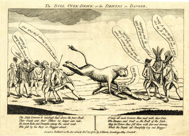 Ein Blatt mit einer Zeichnung eines Bullen, der Fahrer überrennt oder in Gefahr bringt, umgeben von einer Gruppe von Menschen und mit beschreibendem Text.