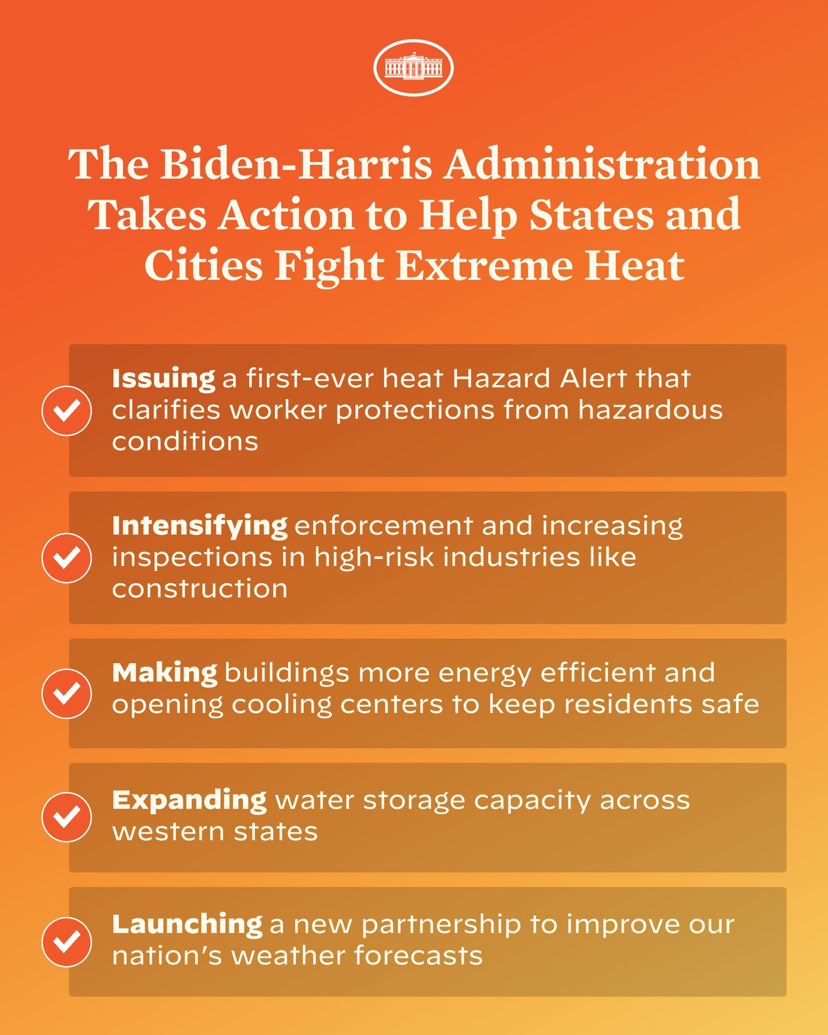 Plakat mit der Aufschrift "Die Biden-Harris-Verwaltung ergreift Maßnahmen, um den Staaten und Städten beim Kampf gegen extreme Hitze zu helfen" mit einem roten und weißen Schild-Design mit einem Blitz, eingerahmt von einem gelben Rand auf einem weißen Hintergrund.