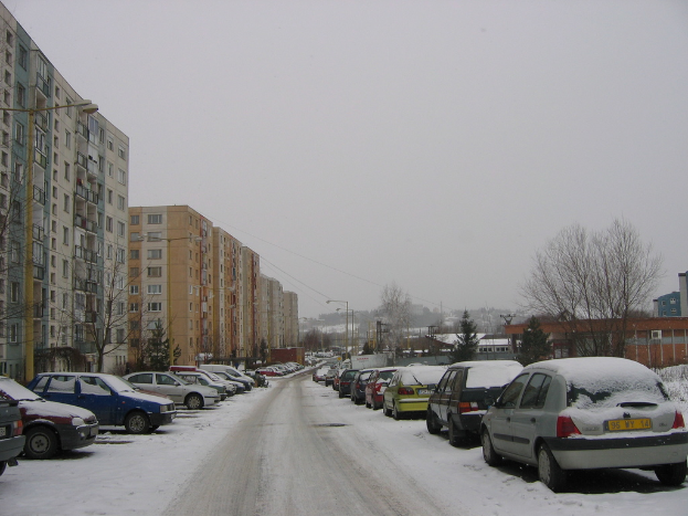 Eine Wohnstraße mit Häusern, Bäumen, Autos und Masten auf beiden Seiten, die von Schnee bedeckt ist.