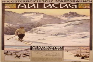Ein Plakat, das Wintersportarten in den österreichischen Alpen bewirbt und einen Skifahrer, andere Menschen, Berge und Text zeigt.
