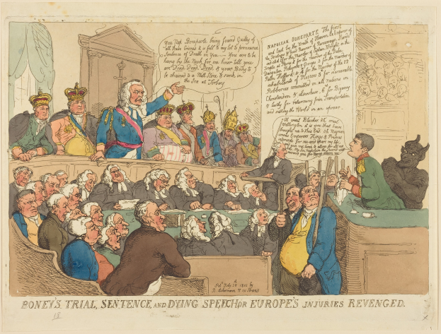 Eine Karikatur einer Gerichtsszene mit einer Gruppe von Menschen, die auf Stühlen sitzen und ein Mann in der Mitte steht, ein Tisch mit Gegenständen auf der rechten Seite und ein Text unten, der 'Boney's Trial, Sentence and Dying Speech Europe's Injuries Revenged' lautet.