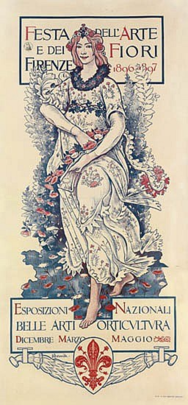 Ein Plakat für ein italienisches Festival, das eine Frau in einem langen weißen Kleid mit einem hohen Kragen und einem Dutt zeigt, vor einem hellblauen Hintergrund mit fetter schwarzer Schrift.