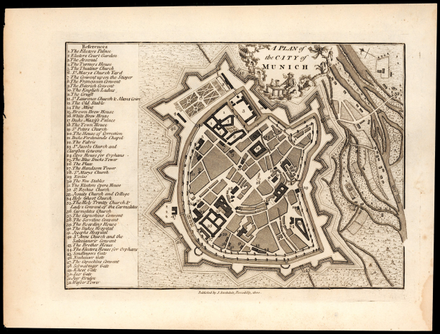 Detailiertes altes Stadtplan von München, Deutschland, mit Straßen, Gebäuden und Sehenswürdigkeiten auf einem schwarzen Hintergrund, begleitet von beschreibendem Text.