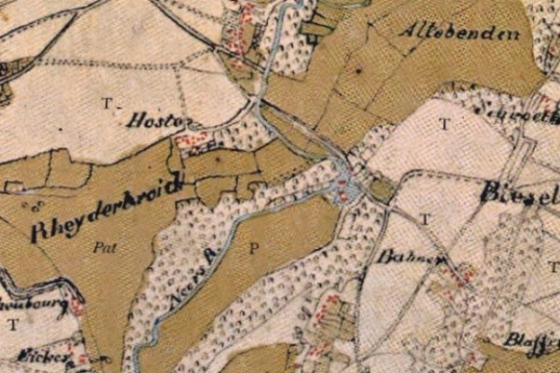 Detailierte alte Karte von Rheyderard mit Straßen, Gebäuden und Sehenswürdigkeiten mit Text zur Ortsangabe.