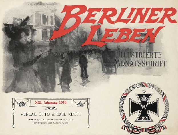 Ein altes Buchcover mit einer Gruppe von Menschen in feierlicher Stimmung, Text "Berliner Leben" und ein Logo, das mit der deutschen Militär verbunden ist.