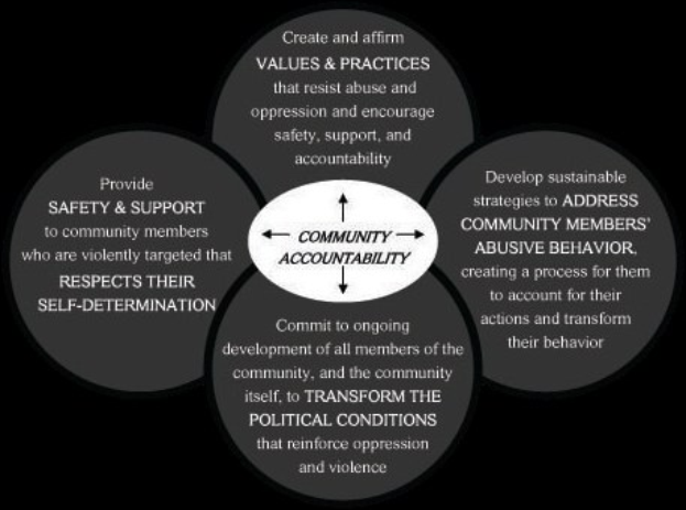 Ein Diagramm mit dem Titel "Gemeinschaftliche Rechenschaftspflicht" mit einem zentralen Kreis, der über Pfeile mit drei überlappenden Kreisen verbunden ist, alle in dickem, leuchtendem Farbton.