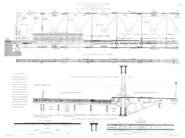 Ein detailliertes Bild einer Brücke mit Text, das die Kaiserbrücke in Bremen zeigt.